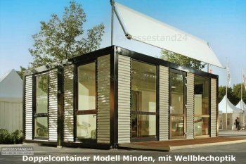Doppelcontainer mit -wellblechoptik 6 m x 6,1 m, Messecontainer Modell Minden